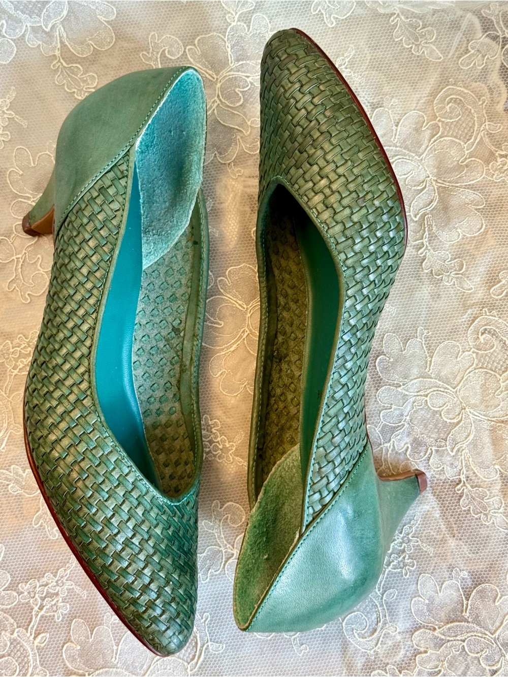 Vintage 1990s Cabin Creek Green Woven Leather Pointed-Toe Heels Cottagecore